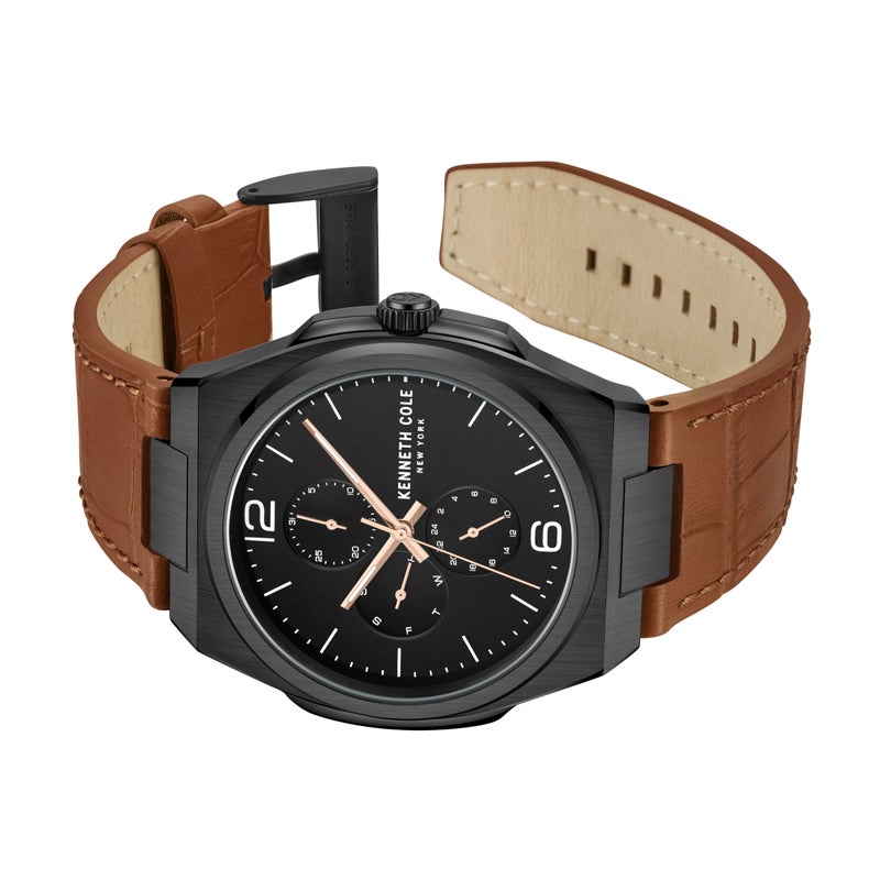 Kenneth Cole New York Modern Dress Sport Black Dial Leather Strap Watch for Men, 43mm - Image 4